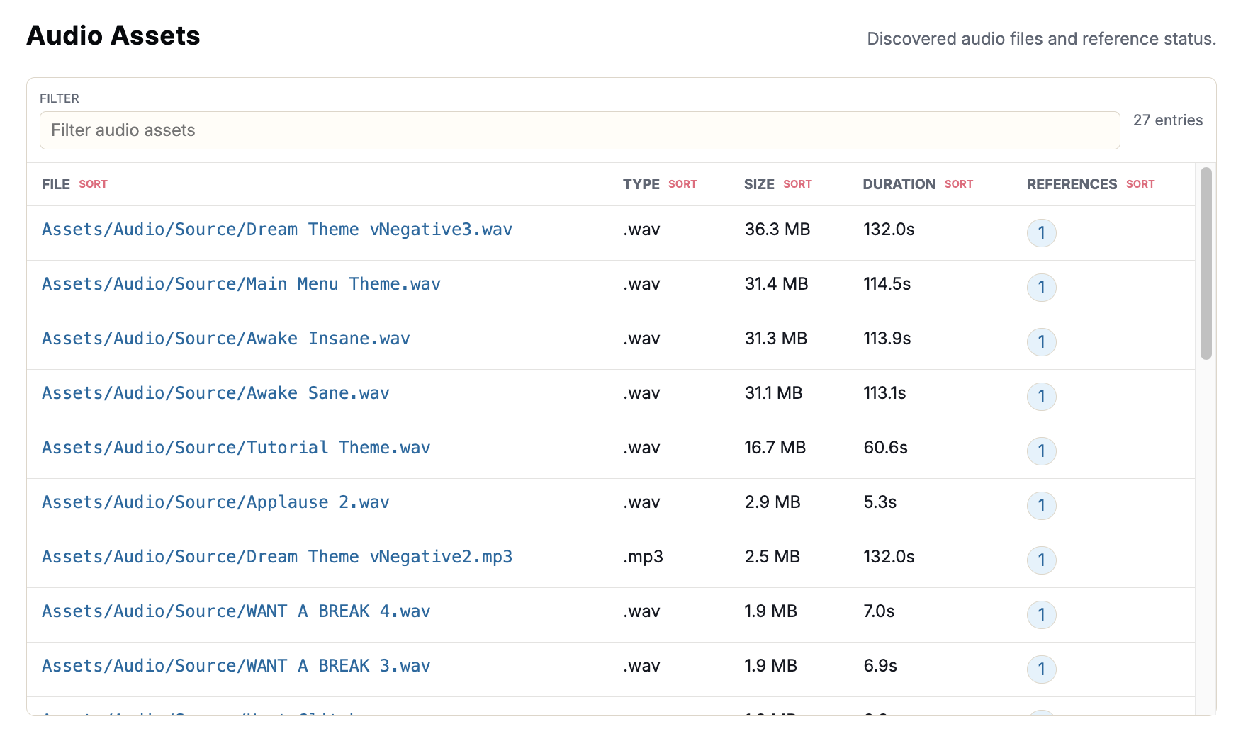 Audio asset table with type and size information