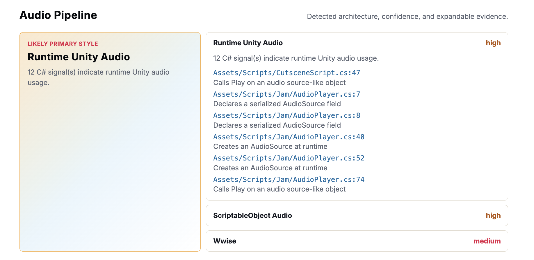 Detected pipeline profile cards with expandable evidence