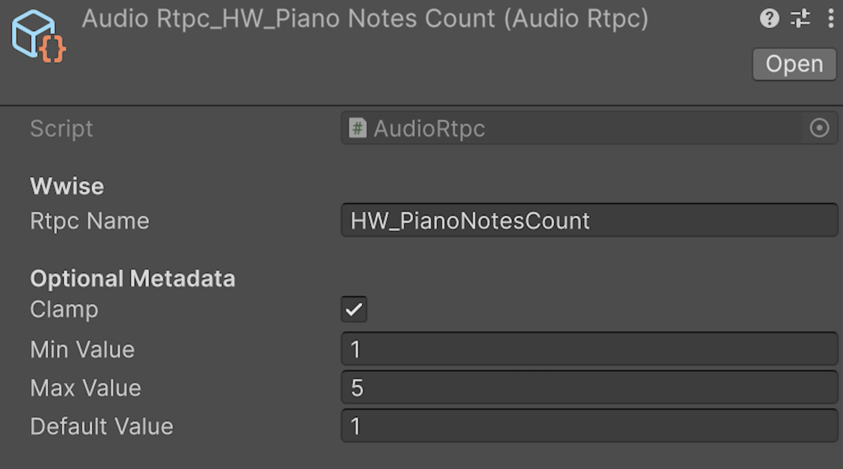 Audio RTPC ScriptableObject inspector for hardworm piano note count