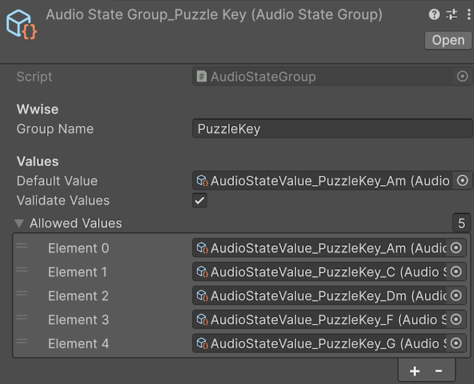 Audio state group ScriptableObject inspector for puzzle key switching