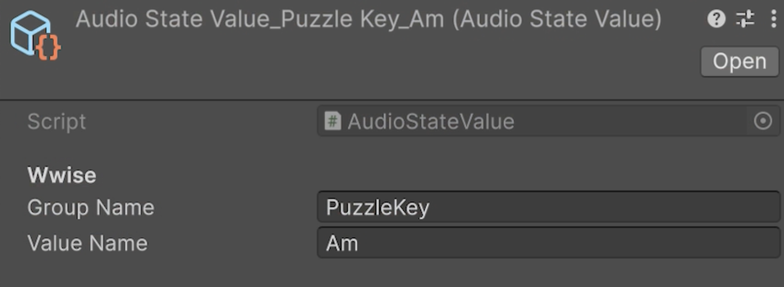 Audio state value ScriptableObject inspector for a puzzle key