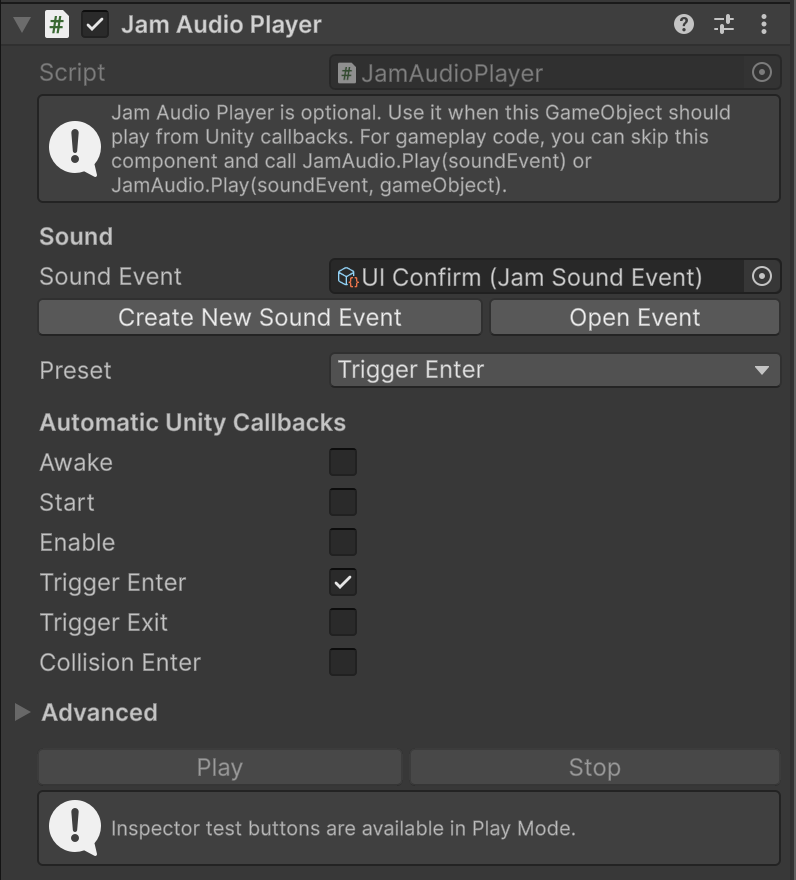 Jam Audio Player component in Unity