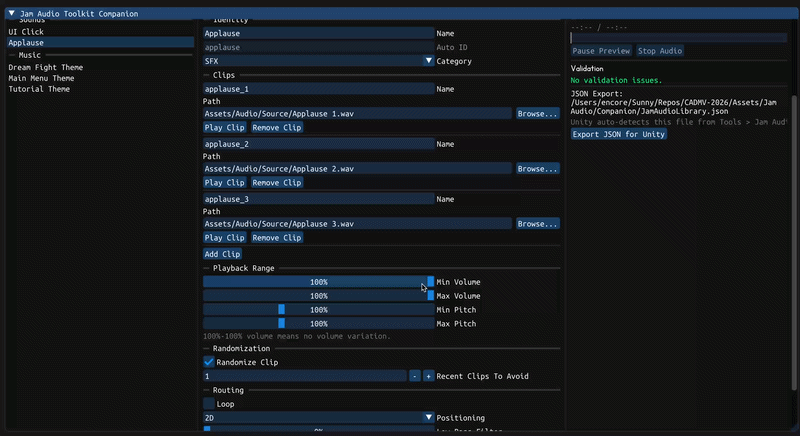 Jam Audio Toolkit workflow preview showing Unity event assets and the desktop companion authoring tool