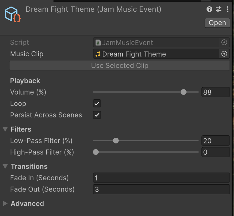 Jam Music Event ScriptableObject inspector