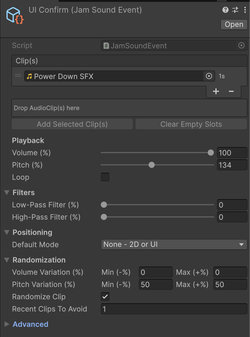 Jam Sound Event ScriptableObject inspector