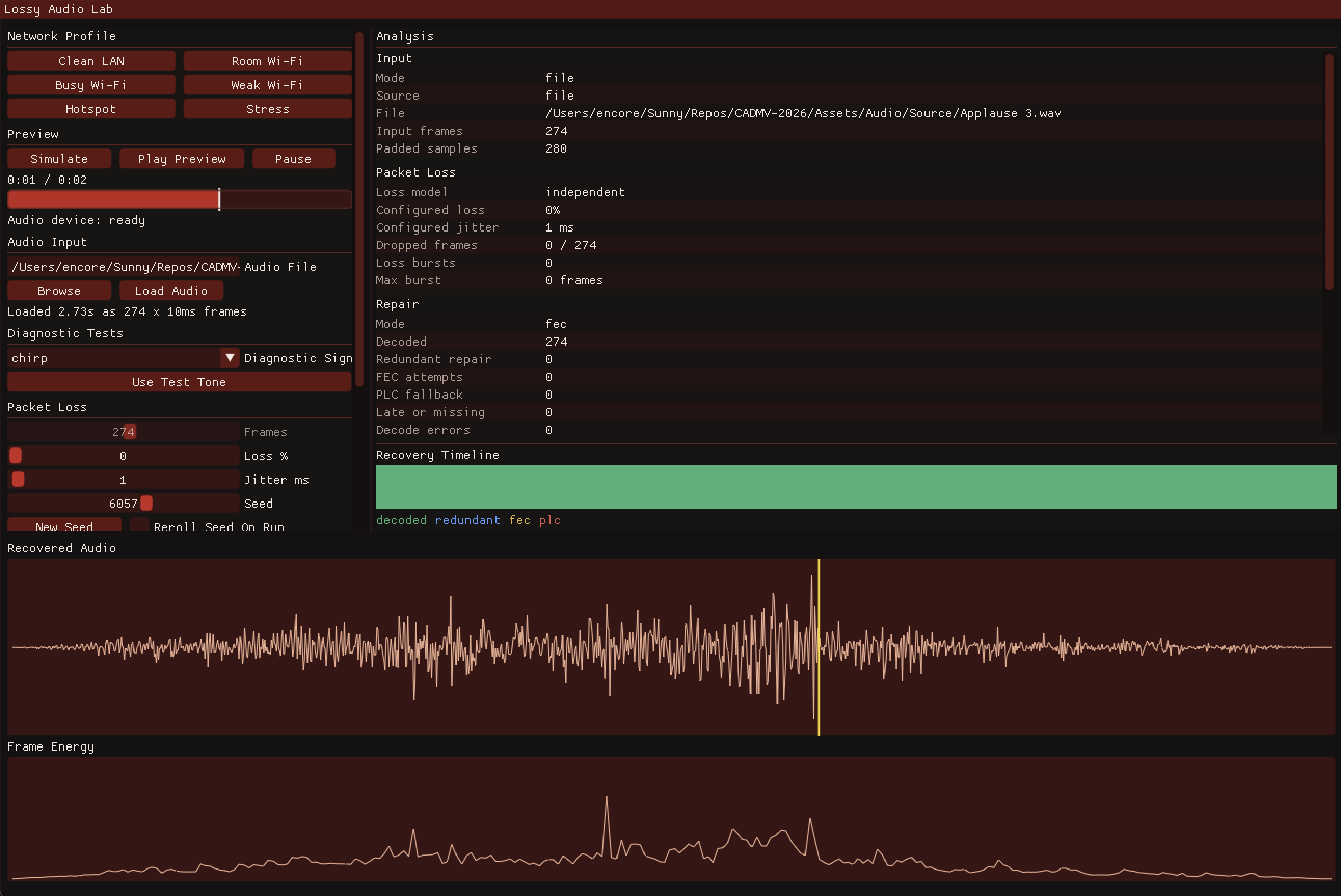 Lossy Audio Lab overview with loaded audio, network settings, waveform, and recovery timeline