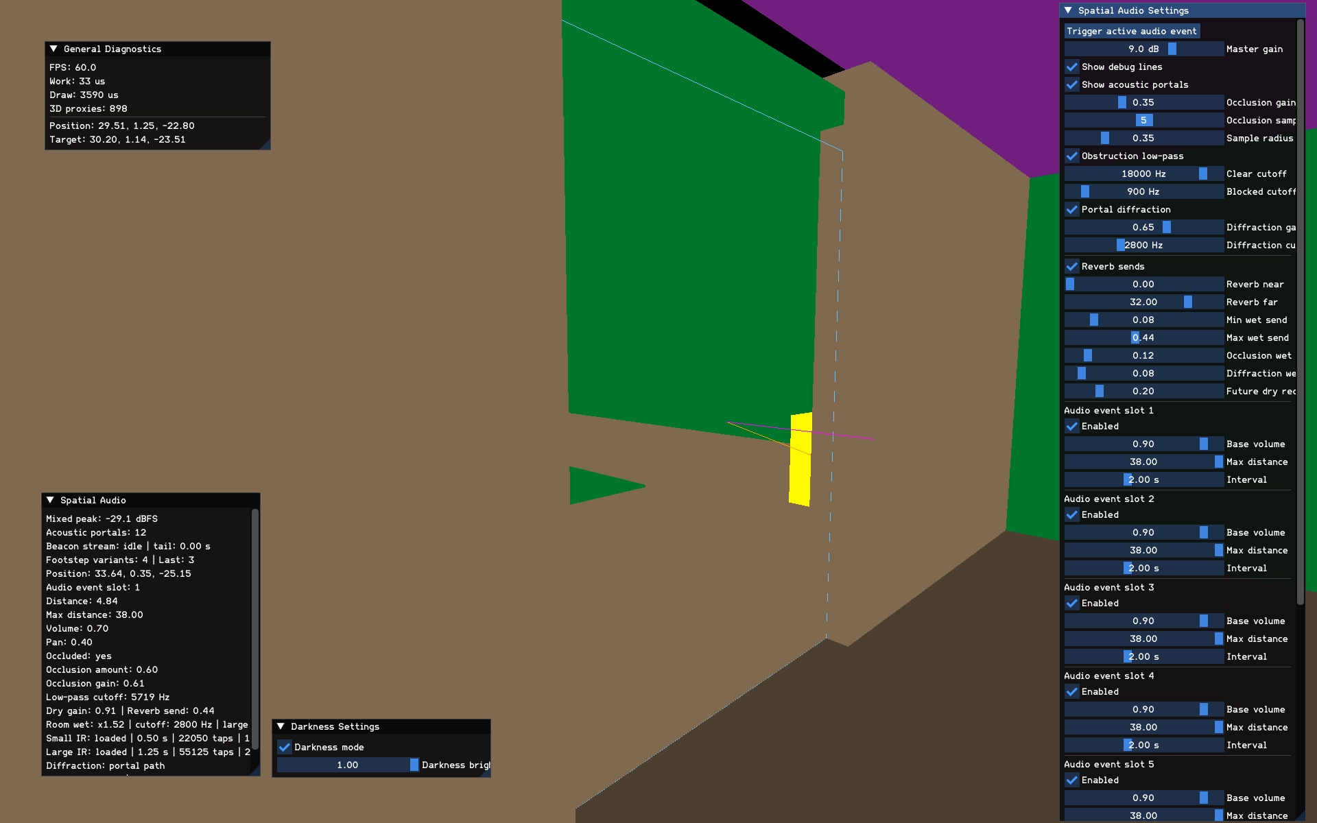 A brighter debug view showing Negative Space audio diagnostics and acoustic visualization